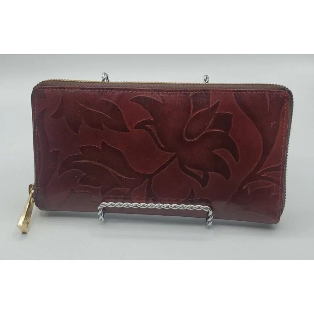 Valentina Genuine Embossed Floral Pattern Design Dark Red Leather Wallet Italy